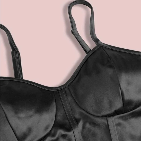 Sexy Black Curved Hem Satin Crop Bustier Cami Top Tank Corset - Picture 4 of 4